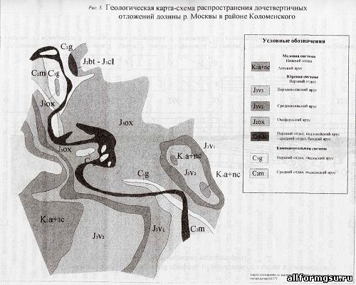 Геологическая карта – схема распостранения дочетвертичных отложений долины р. Москвы в районе Коломенское